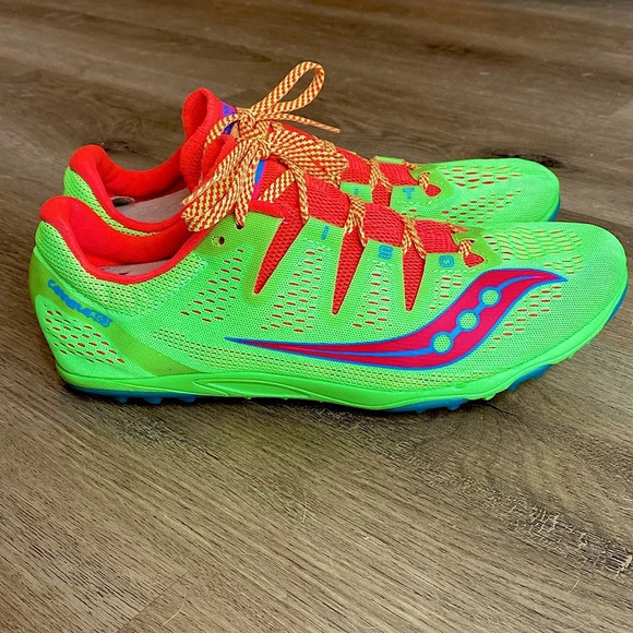 EUC Saucony Carrera XC3 Women’s Spikes in fluorescent green and orange size 11 - Picture 3 of 10
